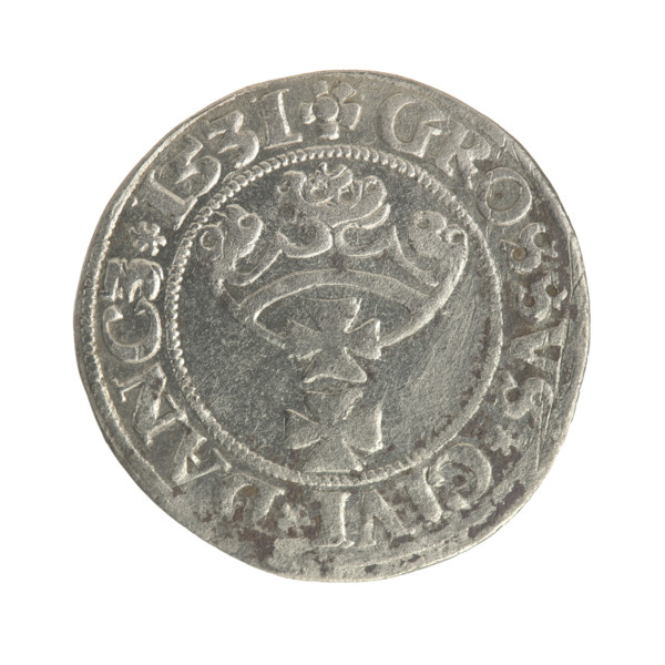 Gdansk grosz, Sigismund I the Old (King of Poland; 1506–1548). Polish coin, Jagiellon dynasty.