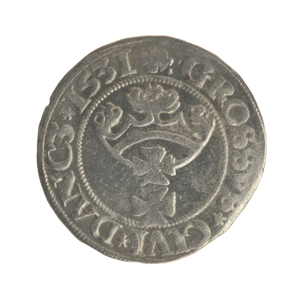 Gdansk grosz, Sigismund I the Old (King of Poland; 1506–1548). Polish coin, Jagiellon dynasty.