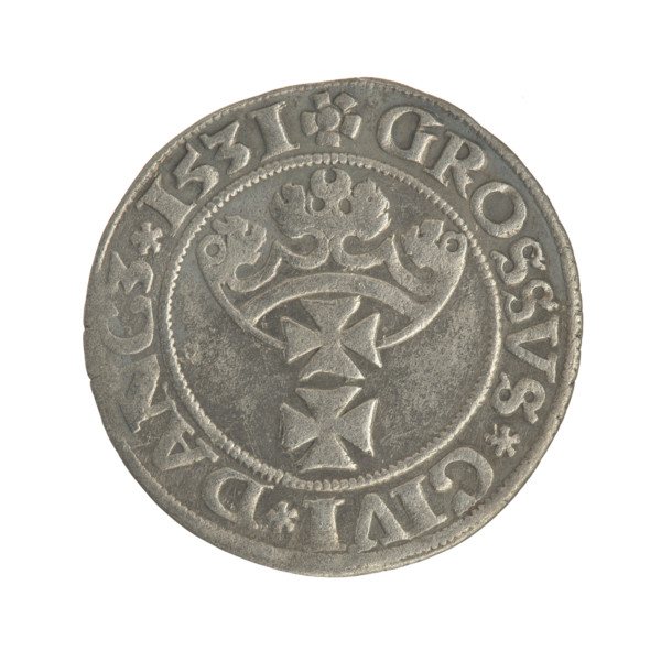 Gdansk grosz, Sigismund I the Old (King of Poland; 1506–1548). Polish coin, Jagiellon dynasty.