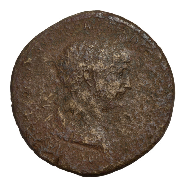 Sestertius of Emperor Trajan (53–117 CE; ruled 98–117), c. 114–115 CE. Obverse: laureate head of
