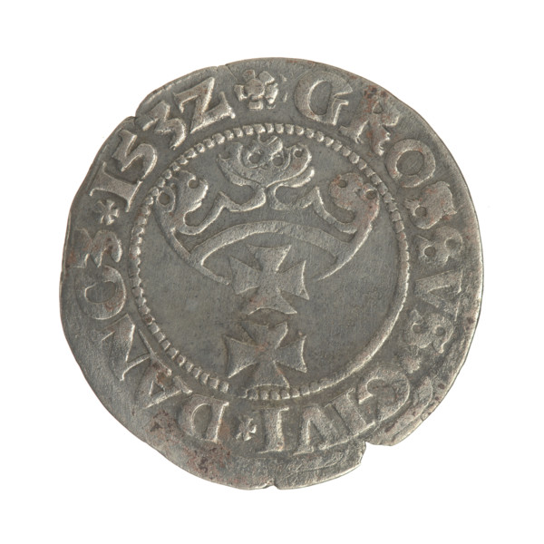 Gdansk grosz, Sigismund I the Old (King of Poland; 1506–1548). Silver coin (grosz), 1532. Obverse: