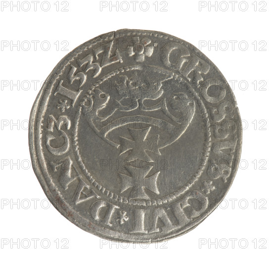 Gdansk grosz, Sigismund I the Old (King of Poland; 1506–1548). Silver coin (grosz), 1532. Obverse: