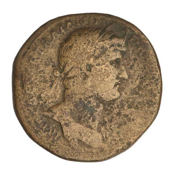 Sestertius; Hadrian (76–138; Roman emperor 117–138). Obverse: Bust of Hadrian facing right with a