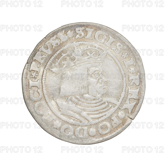 Prussian grosz, Sigismund I the Old (King of Poland; 1506–1548). Obverse: Crowned male bust in