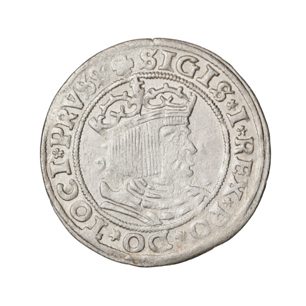 Prussian grosz, Sigismund I the Old (King of Poland; 1506–1548). Obverse: Crowned male bust in