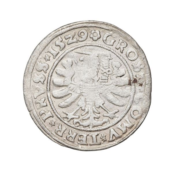 Prussian grosz, Sigismund I the Old (King of Poland; 1506–1548). Obverse: Crowned male bust in