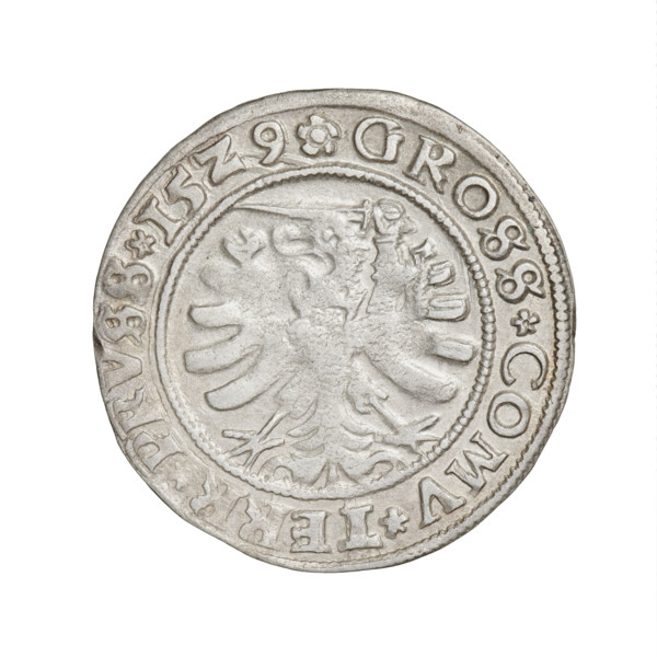 Prussian grosz, Sigismund I the Old (King of Poland; 1506–1548). Obverse: Crowned male bust in