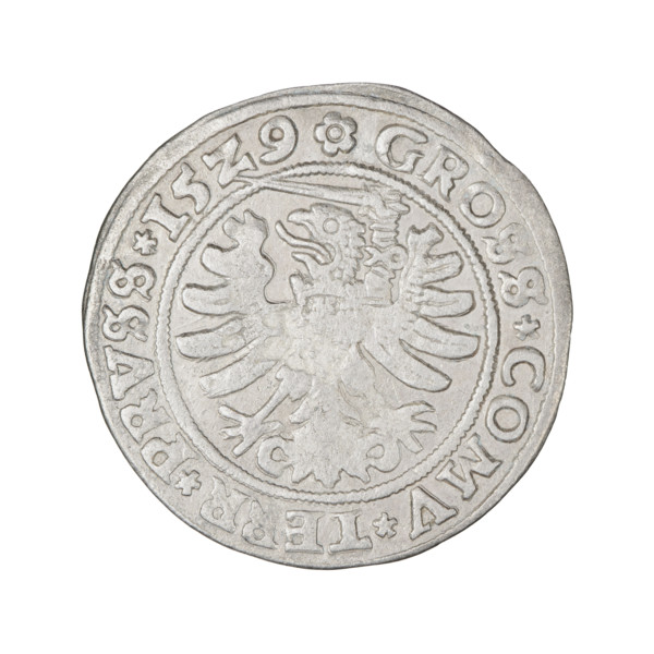 Prussian grosz, Sigismund I the Old (King of Poland; 1506–1548); 1529; Torun, Poland. Obverse: