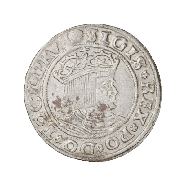 Prussian grosz, Sigismund I the Old (King of Poland; 1506–1548). Obverse: crowned male bust in