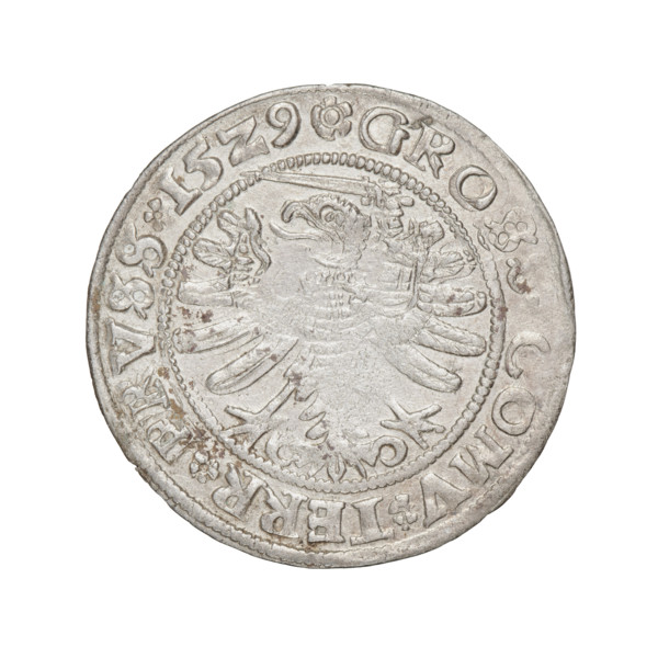 Prussian grosz, Sigismund I the Old (King of Poland; 1506–1548). Obverse: crowned male bust in