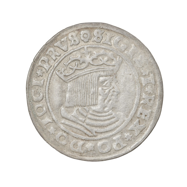 Prussian grosz, Sigismund I the Old (King of Poland; 1506–1548). Obverse: Crowned male bust in