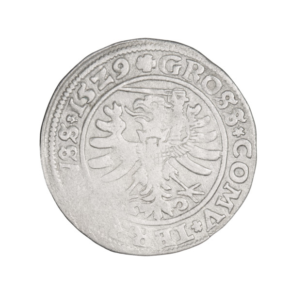 Prussian grosz, Sigismund I the Old (King of Poland; 1506–1548); silver coin, 1529, Torun, Poland.