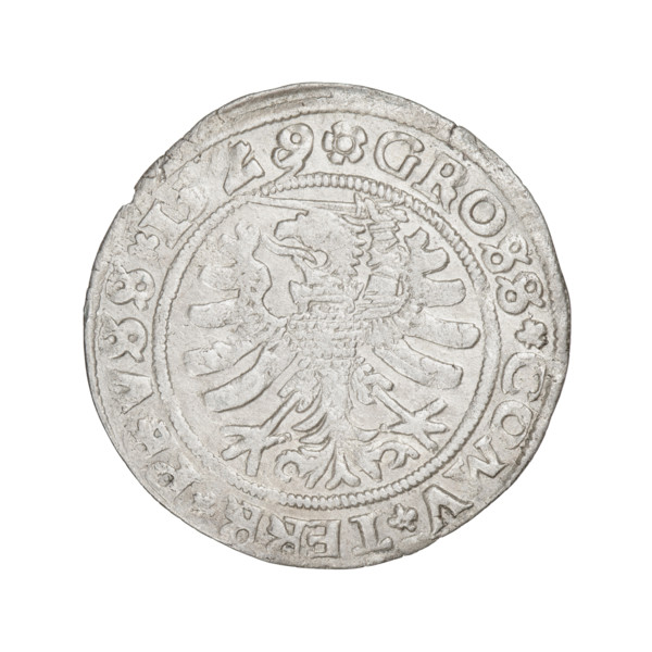 Prussian grosz, Sigismund I the Old (King of Poland; 1506–1548). Obverse: Crowned male bust in