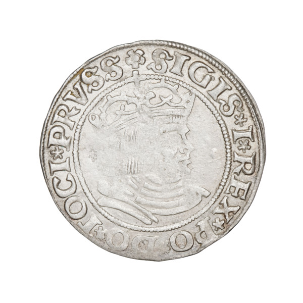 Prussian grosz, Sigismund I the Old (King of Poland; 1506–1548). Obverse: Crowned male bust in