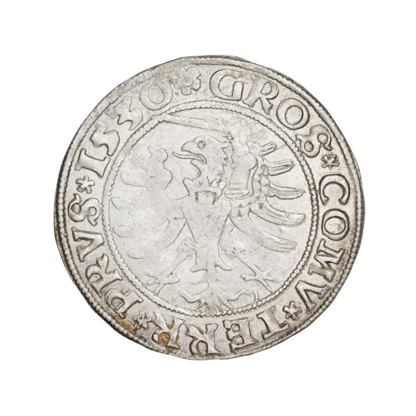 Prussian grosz, Sigismund I the Old (King of Poland; 1506–1548). Obverse: Crowned male bust in
