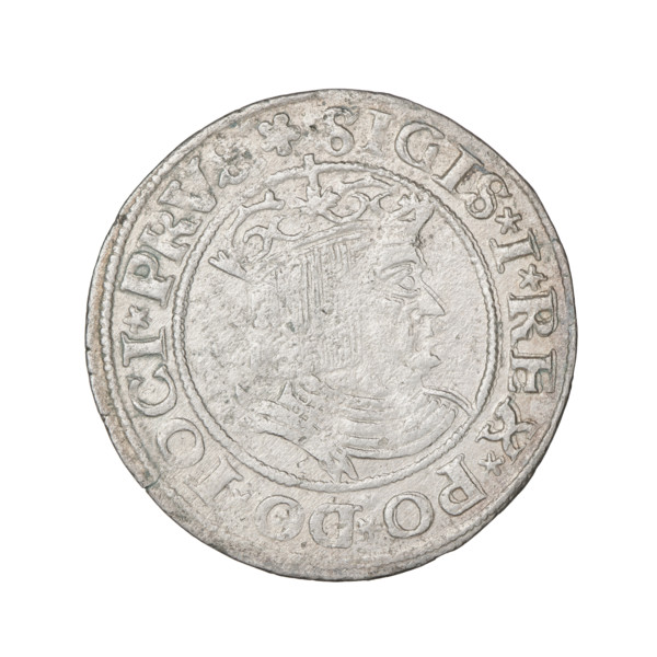 Prussian grosz, Sigismund I the Old (King of Poland; 1506–1548). Obverse: Crowned male bust in