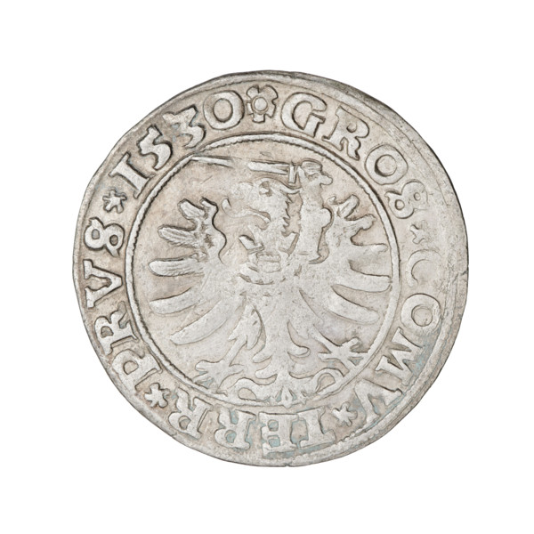Prussian grosz, Sigismund I the Old (King of Poland; 1506–1548); 1530. Obverse: Crowned male bust