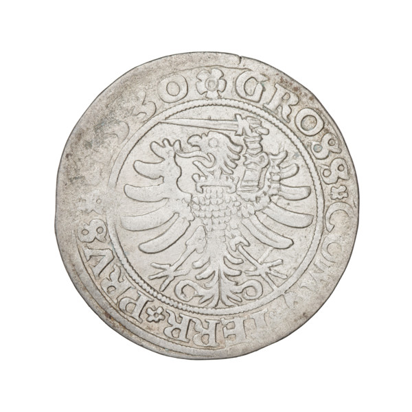 Prussian grosz, Sigismund I the Old (King of Poland; 1506–1548). Obverse: Crowned male bust in