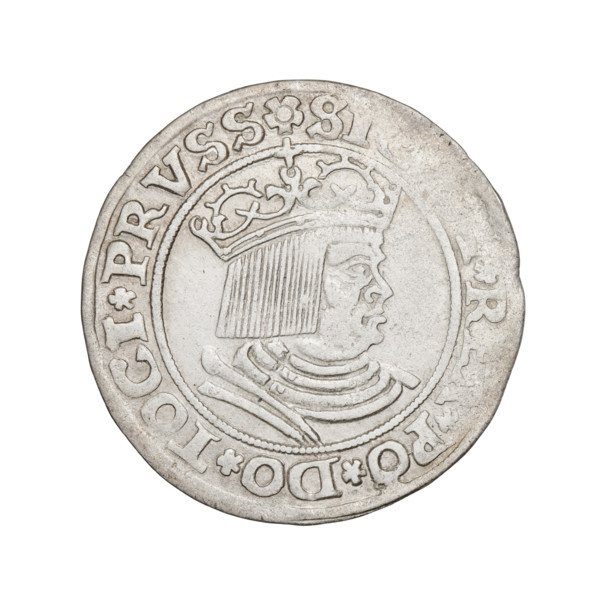 Prussian grosz, Sigismund I the Old (King of Poland; 1506–1548). Obverse: Crowned male bust in