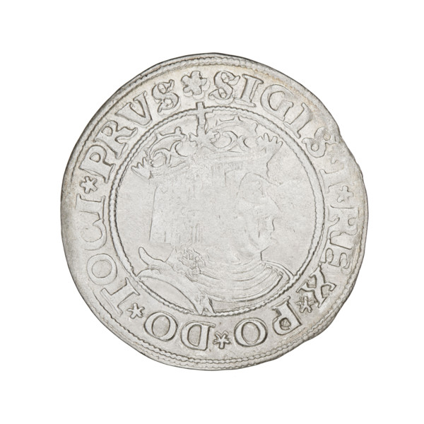 Prussian grosz, Sigismund I the Old (King of Poland; 1506–1548). Obverse: Crowned male bust in