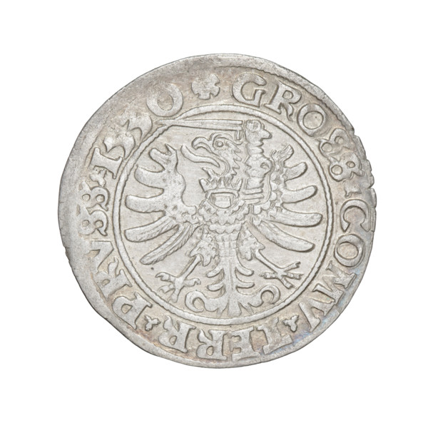 Prussian grosz, Sigismund I the Old (King of Poland; 1506–1548). Obverse: Crowned male bust in