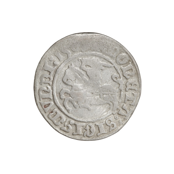 Lithuanian half-grosz, Sigismund I the Old (king of Poland; 1506–1548). Obverse: Pogon turned left;