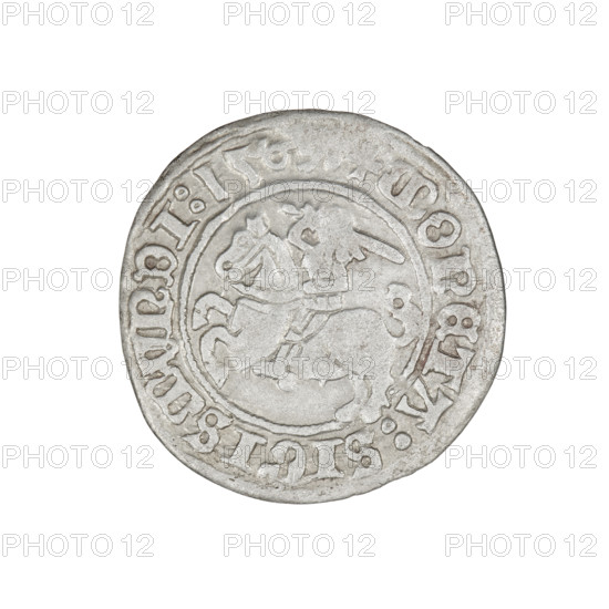 Lithuanian half-grosz, Sigismund I the Old (king of Poland; 1506–1548). Obverse: Pogon (Lithuanian
