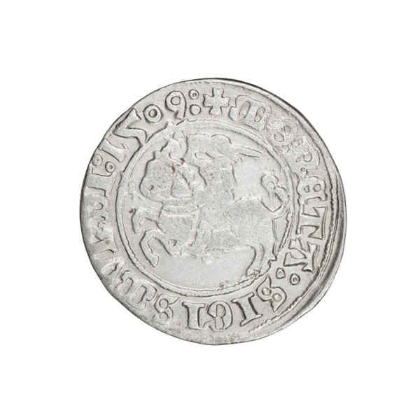 Lithuanian half-grosz, Sigismund I the Old (king of Poland; 1506–1548). Obverse: Pogon turned left;