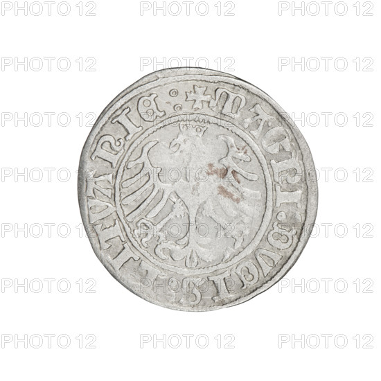 Lithuanian half-grosz, Sigismund I the Old (king of Poland, 1506–1548). Obverse: Pogon turned left;