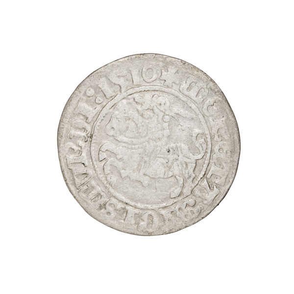 Lithuanian half-grosz, Sigismund I the Old (King of Poland; 1506–1548). Obverse: Pogon (mounted