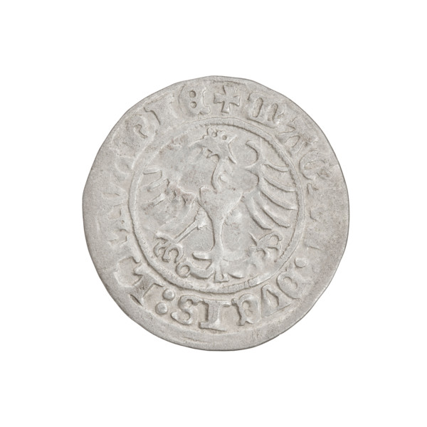 Lithuanian half-grosz, Sigismund I the Old (King of Poland; 1506–1548). Obverse: Pogon (mounted