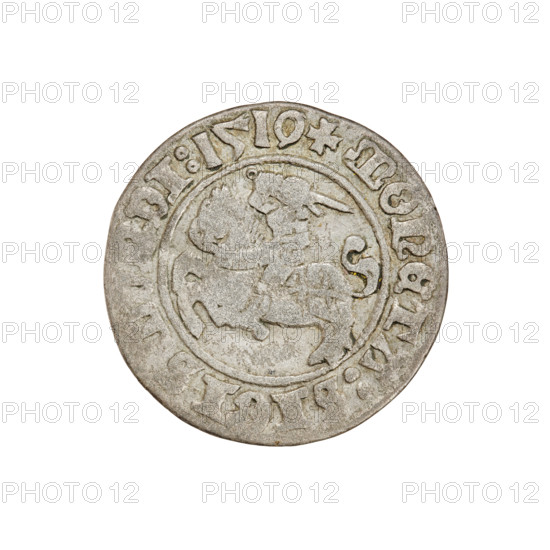 Lithuanian half-grosz, Sigismund I the Old (King of Poland; 1506–1548). Obverse: Pogon (Lithuanian