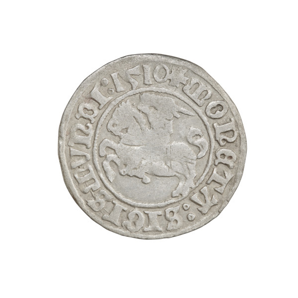 Lithuanian half-grosz, Sigismund I the Old (King of Poland; 1506–1548). Obverse: Pogon (mounted