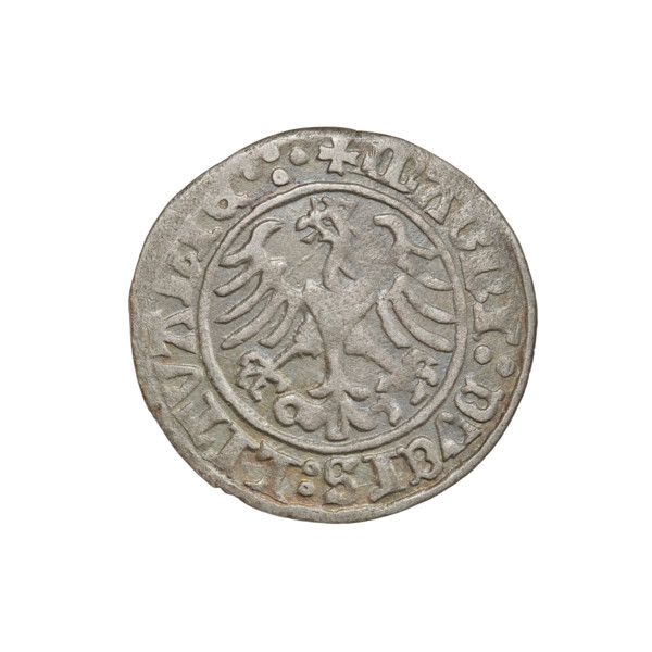 Lithuanian half-grosz, Sigismund I the Old (king of Poland; 1506–1548). Obverse: Pogon (Lithuanian
