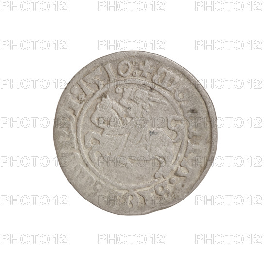 Lithuanian half-grosz, Sigismund I the Old (King of Poland; 1506–1548). Obverse: Pogon turned left;