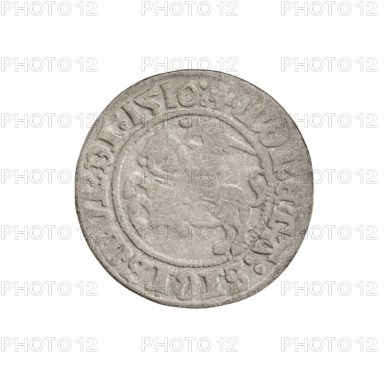 Lithuanian half-grosz, Sigismund I the Old (King of Poland; 1506–1548). Obverse: Pogon (Lithuanian