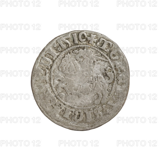 Lithuanian half-grosz, Sigismund I the Old (King of Poland; 1506–1548). Obverse: Pogon turned left;