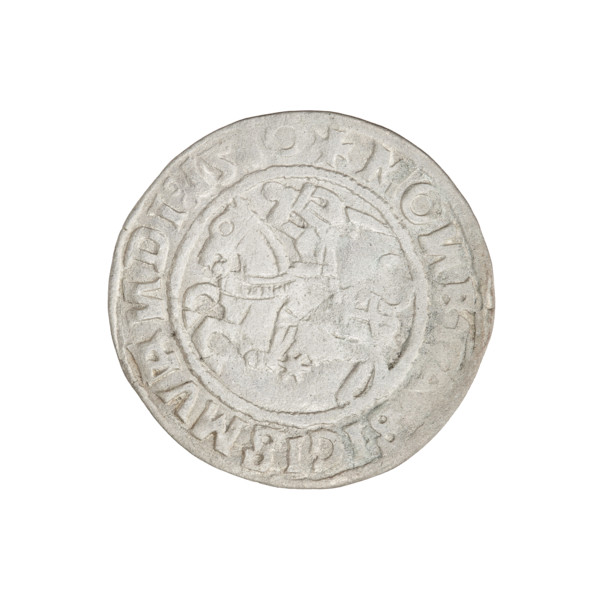 Lithuanian half-grosz, Sigismund I the Old (King of Poland, 1506–1548). Obverse: Pogon (mounted