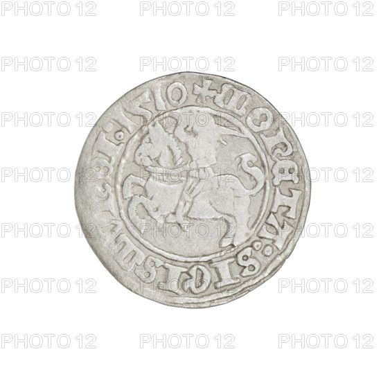 Lithuanian half-grosz, Sigismund I the Old (King of Poland; 1506–1548). Obverse: Pogon turned left;