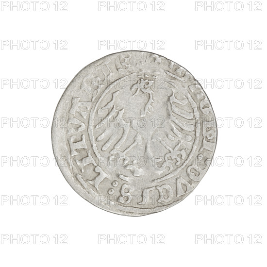 Lithuanian half-grosz, Sigismund I the Old (King of Poland; 1506–1548). Obverse: Pogon turned left;