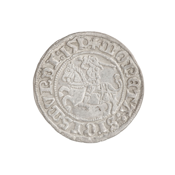 Lithuanian half-grosz, Sigismund I the Old (King of Poland; 1506–1548). Obverse: Pogon (Lithuanian