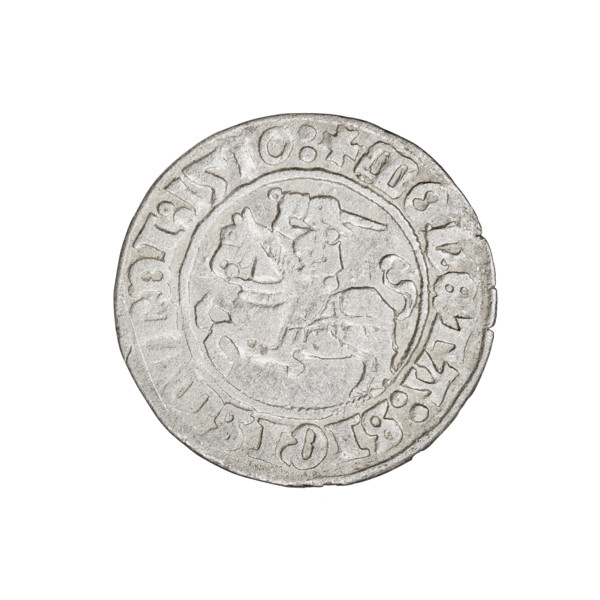 Lithuanian half-grosz, Sigismund I the Old (king of Poland; 1506–1548). Obverse: Pogon (mounted