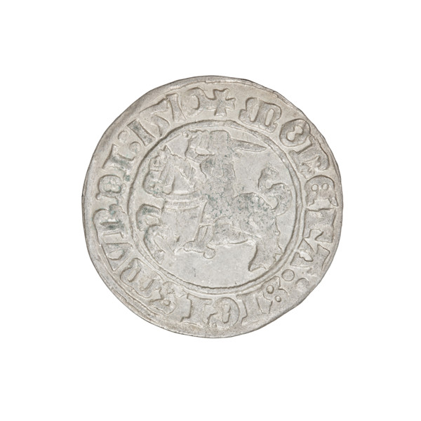 Lithuanian half-grosz, Sigismund I the Old (king of Poland; 1506–1548). Obverse: Pogon turned left;