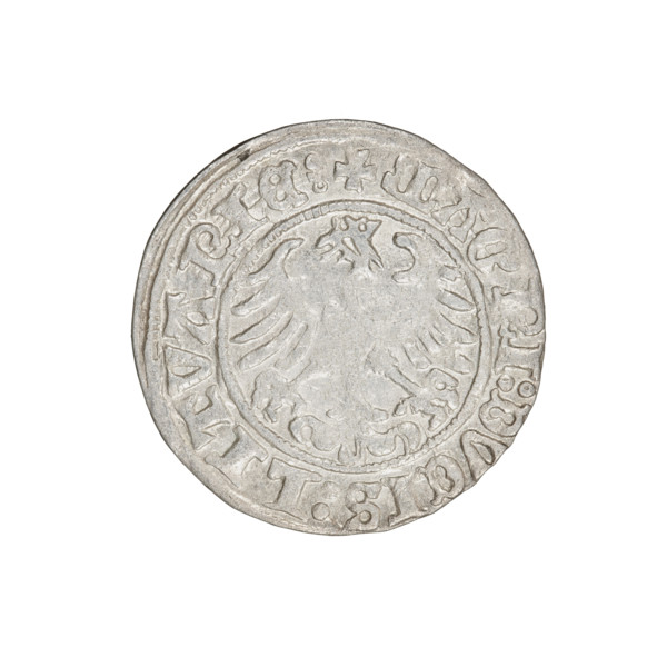 Lithuanian half-grosz, Sigismund I the Old (king of Poland; 1506–1548). Obverse: Pogon (Lithuanian