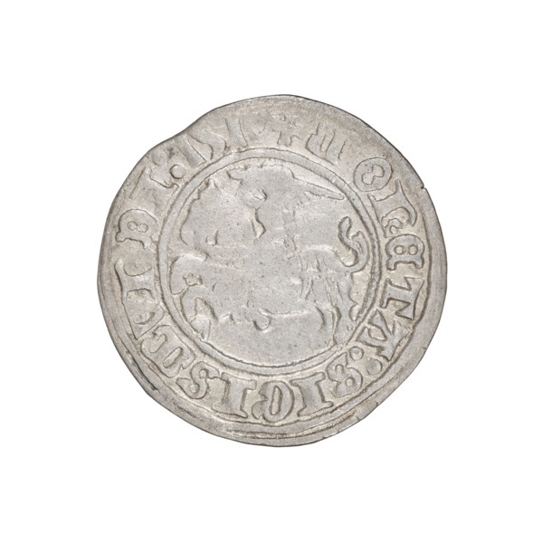Lithuanian half-grosz, Sigismund I the Old (king of Poland, 1506–1548). Obverse: Pogon (mounted