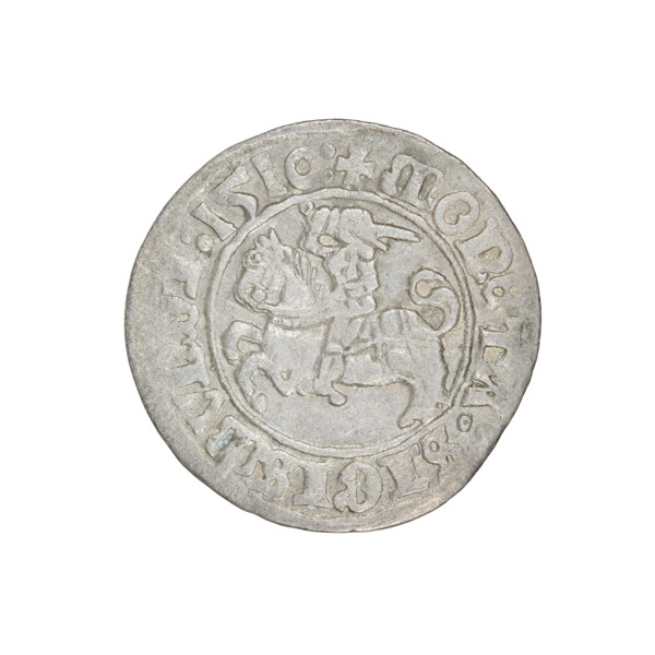 Lithuanian half-grosz, Sigismund I the Old (king of Poland; 1506–1548). Obverse: Pogon (Lithuanian