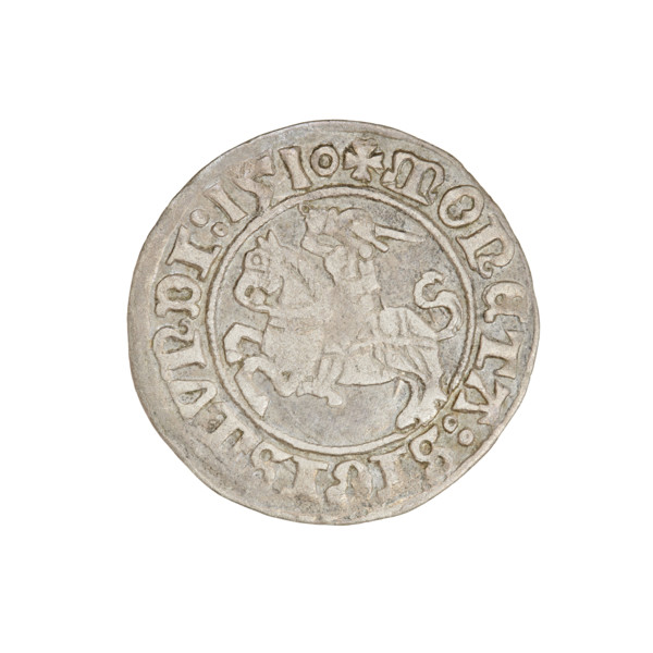 Lithuanian half-grosz, Sigismund I the Old (king of Poland; 1506–1548). Obverse: Pogon (mounted