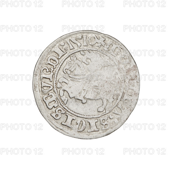 Lithuanian half-grosz, Sigismund I the Old (king of Poland; 1506–1548). Obverse: Pogon (Lithuanian