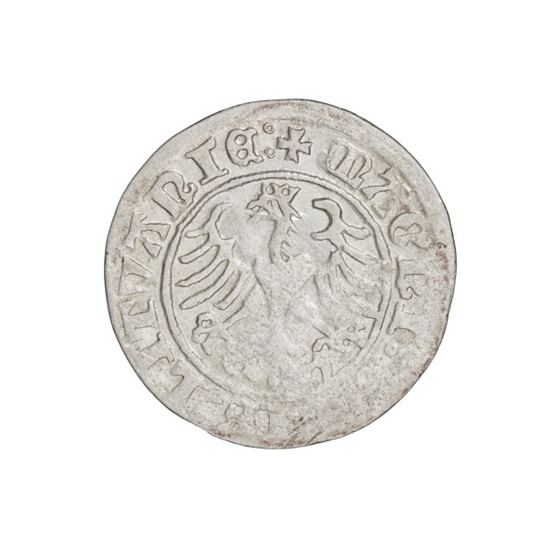 Lithuanian half-grosz, Sigismund I the Old (king of Poland; 1506–1548). Obverse: Pogon turned left;