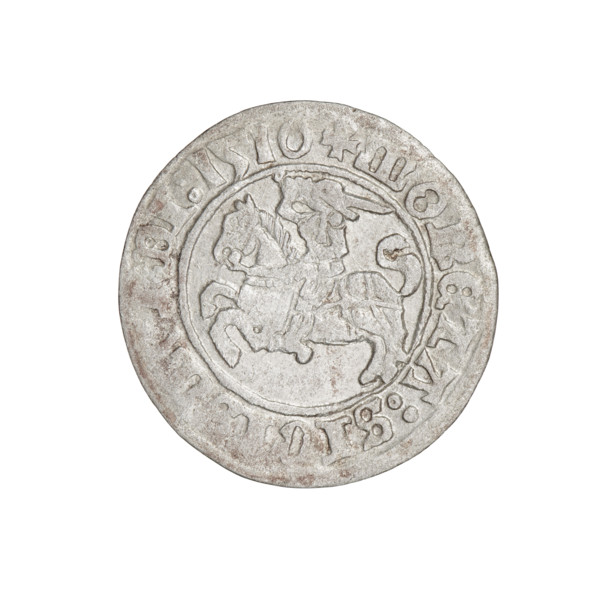 Lithuanian half-grosz, Sigismund I the Old (king of Poland; 1506–1548); Obverse: Pogon (mounted